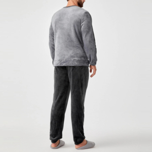 Ensemble de pyjama en polaire pour homme, manches longues, couleur unie, doux, vêtements de nuit d'hiver, vêtements décontractés pour la maison, gris et noir, deux pièces - Product Image 3