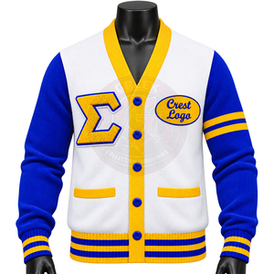 Cardigan en tricot personnalisé pour femme Sigma Gamma Rho, bleu et or, col en V, manches longues, lettres grecques brodées, style preppy - Product Image 1