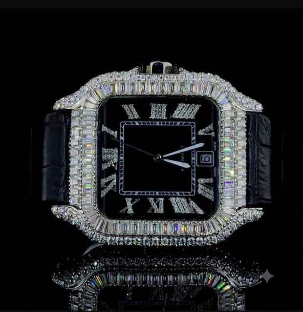 Luxury Quartz Diamond Iced Out Square Watch for Men Black Dial 20mm Band Baguette Cut Diamond Bezel Hip Hop Style