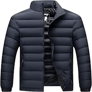 Veste matelassée en duvet pour homme, couleur unie, col montant, fermeture éclair sur le devant, coupe régulière, coupe-vent, vêtements décontractés d'hiver - Product Image 1