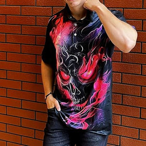 Polo de bowling noir avec motif crâne et drapeau américain, manches courtes, tissu performant, tenue décontractée athlétique pour équipe - Product Image 4