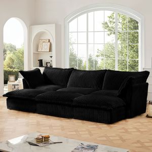 Divano letto con 3 posti letto in velluto a coste nero da salotto Home Theater oversize 3 posti con 3 pouf - Product Image 2