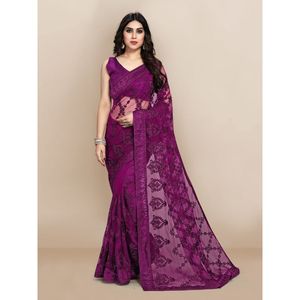 COLLECTION DE VÊTEMENTS DE SOIRÉE TISSU SUPERNET AVEC BRODERIE DE TRAVAIL SAREE + CHEMISIER NON COUDU VIOLET - Product Image 1