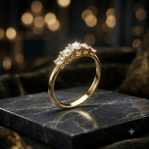 Anillo de Boda de Moissanita y Diamantes de Cinco Piedras Redondas en Oro Amarillo para Mujer, Apilable, de Media Eternidad, para Aniversario - Product Image 1