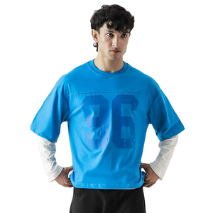 Fashionable Designer Double <b>Layer</b> Long Sleeves Tshirt Wide-fit <b>Top</b> with Contrasting Stitching Colors men's t-shirts - Product Image 1