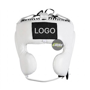 Casque de boxe en cuir blanc, protection demi-visage, sangle réglable, équipement d'entraînement MMA, logo personnalisé - Product Image 1