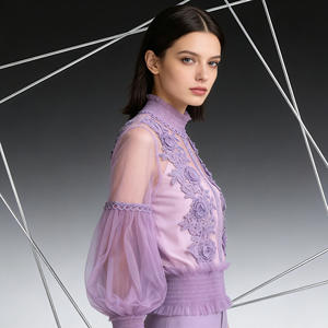 Vente flash sur Temu : chemisier chic pour femme en dentelle violette brodée, col haut, manches bouffantes, top transparent. - Product Image 5