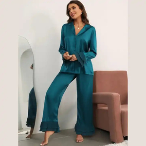 Women Sleepwear Women's Luxury Silk Pajamas with Elastic Waist Solid Design <b>Machine</b> Embroidery Spring Season - Product Image 4