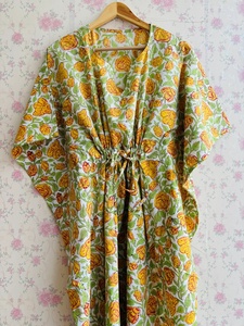 Vestido caftán Floral con estampado de algodón indio 100% algodón Maxi playa encubrimiento mamá verano invierno otoño primavera estaciones tela de gasa - Product Image 4