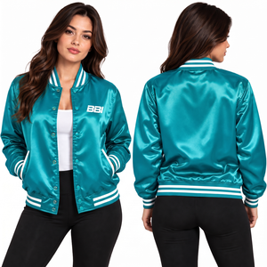 Chaqueta Varsity de Punto Satinado Azul Bebé Personalizada para Mujer, Cierre de un Solo Botón, Exterior Impermeable de Poliéster para Invierno, Ribete Blanco - Product Image 3