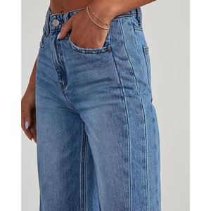 Jean taille haute pour femme, coupe large, en denim extensible à ourlet brut, style décontracté, vente en gros - Product Image 3