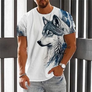 T-shirt pour homme blanc avec logo frontal imprimé loup, respirant, manches courtes, col rond, jersey décontracté en coton, coupe classique - Product Image 2