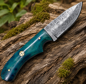 Custom Damascus Steel Camping <b>Knife</b> Blue Dyed <b>Handle</b> Drop Point Pocket <b>Knife</b> Outdoor Survival Gift - Product Image 1
