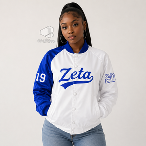 Veste universitaire en satin contrastant bleu et blanc pour femmes de la sororité Zeta Phi Beta, avec boutons pression sur le devant, col et poignets en tricot côtelé, style universitaire - Product Image 5