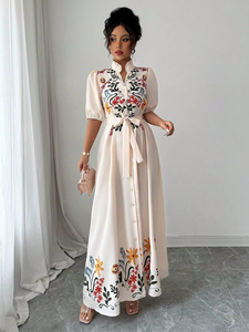 Robe d'été décontractée pour femmes, robe longue élégante pour femmes avec col à double volant en forme de feuille de lotus, broderie et doublure en coton - Product Image 2