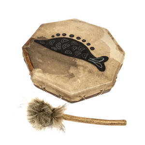Tambor shamanico tradicional hecho a mano con piel de cabra y aro de madera para ceremonias ritualísticas y música tribal. - Product Image 1