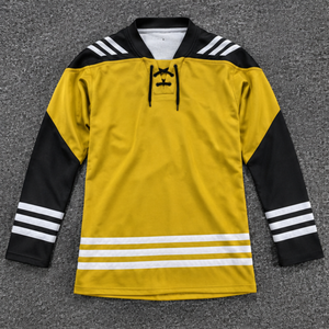 Jersey de Hockey sobre Hielo Unisex Amarillo y Negro, Manga Larga, Cuello en V, Sublimado, Transpirable, Absorbe la Humedad, 220g, Corte Regular para Adultos - Product Image 1