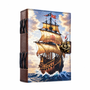 NEW ERA Carnet à couverture rigide en cuir, impression UV vintage effet aquarelle, reliure cousue, motif bateau pirate, bleu, 100 feuilles, cadeau - Product Image 1