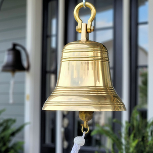 Polished <b>Brass</b> Ridged Hanging <b>Bell</b> Vintage Nautical Ship <b>Bell</b> with Rope and Shackle - Product Image 1
