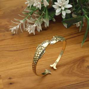 Antique Gold Double Fish Cuff <b>Bracelet</b> | Koi Fish Open Bangle Brass | Ethnic Bohemian Animal Motif Wristband Indian - Product Image 1