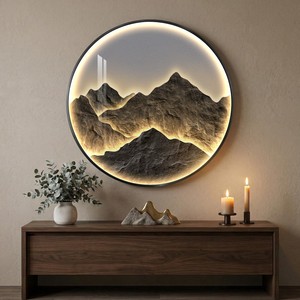 Panneau mural LED en MDF |   Design de paysage montagneux contemporain fait main |   70x70x4cm |   Blanc/Marron |   Aqudus Saleem |   Vente en gros - Product Image 1