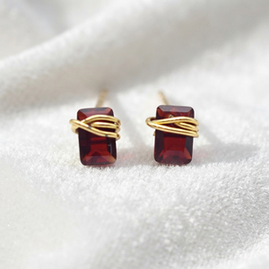 Ratnarachit Women's Minimalist Wire Wrapped Baguette Garnet <b>Stud</b> <b>Earrings</b> 6x4mm Gold Plated Sterling Silver Brass Gemstone - Product Image 4