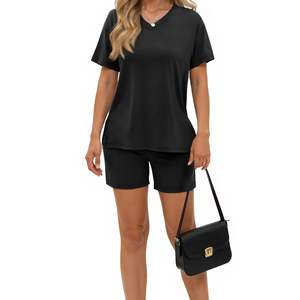 Conjunto de Camiseta y Pantalones Cortos con Cuello en V para Mujer, Atuendo Casual de Verano de Dos Piezas, Ropa de Salón de Color Sólido, Proveedor Mayorista OEM - Product Image 4