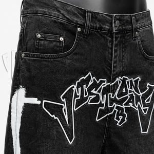 Pantalones Cortos de Mezclilla Negros para Hombre, Estampado Gráfico Personalizado, Holgados, Hasta la Rodilla, Estilo Casual Urbano - Product Image 6