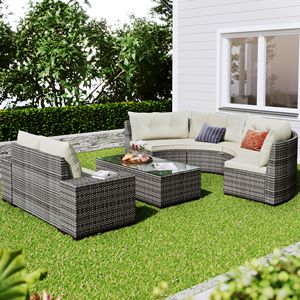 8 Piece All-Weather Outdoor <b>Wicker</b> Garden Set Half Moon Sectional with Curved Sofa and Rectangular <b>Coffee</b> <b>Table</b> PE Material - Product Image 3