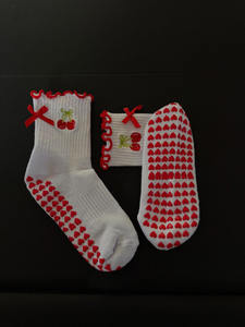 Calcetines Cómodos de Algodón y Spandex para Mujer, Tejidos, con Bordado de Cerezas Personalizado, Lazo, Volantes y Agarre, Calcetines Gruesos para Pilates, Yoga y Entrenamiento - Product Image 3