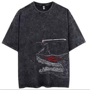 T-shirt pour homme surdimensionné en coton délavé à l'acide avec motif de dragon imprimé, manches courtes, col rond, style streetwear - Product Image 1