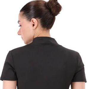 เสื้อครอปแขนสั้นคอเต่าสีดำสำหรับผู้หญิง ทรงเข้ารูป ซิปครึ่งตัวด้านหน้า ทรงสลิมฟิต สไตล์ลำลอง เสื้อเชิ้ตพื้นฐาน ผ้าสเตรช แฟชั่นใส่ได้ทุกวัน - Product Image 4