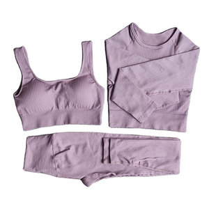 Light <b>Blue</b> 3 Piece Yoga Set Racerback Sports <b>Bra</b> Crew Neck Crop Top High Waist Shorts Ribbed Seamless Activewear - Product Image 2