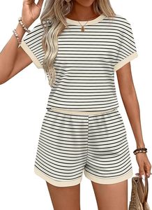 Ensemble short rayé 2 pièces pour femme, col rond, manches courtes, coupe ample, en coton, tenue décontractée d'été avec poche - Product Image 5