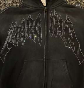 เสื้อฮู้ดซิปโอเวอร์ไซส์ผ้าฝ้ายปักลายสไตล์วินเทจสำหรับผู้ชาย รุ่นครอปประดับคริสตัล สตรีทแวร์ - Product Image 3