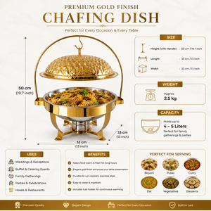 Luxury Gold Stainless Steel Round Chafing Dish <b>Buffet</b> <b>Server</b> Food Warmer with Hammered Lid Hotel Catering Restaurant Banquet OEM - Product Image 5