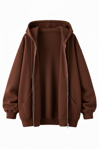 Sudadera con Capucha Unisex de Alta Calidad, Color Marrón Liso, Cierre Completo, Forro Polar Grueso de 300g, Cálida, Talla Grande, 100% Algodón, para Invierno - Product Image 4