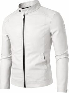เสื้อแจ็คเก็ตบอมเบอร์หนัง PU ทรงเข้ารูปสำหรับผู้ชาย คอตั้ง ปิดด้วยซิป สีขาวล้วน ความยาวปกติ เหมาะสำหรับใส่ในฤดูใบไม้ร่วง - Product Image 3