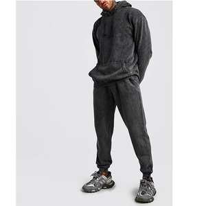 Ensemble de survêtement décontracté pour homme en coton délavé gris foncé, coupe ample, longueur intégrale, couleur unie, respirant, idéal pour l'automne - Product Image 1