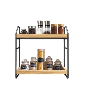 Étagère de cuisine moderne à 2 niveaux, support d'organisation pour épices, en métal et bois, pour pots à masala, bouteilles d'huile et station à café - Product Image 1