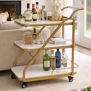 Carrito de Bar de Metal Dorado de Lujo con Estantes de Mármol, Carrito de Servicio Rodante de 3 Niveles con Ruedas, Carrito de Bebidas Moderno para el Hogar y Hoteles - Product Image 1
