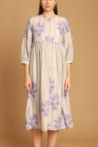 High Quality Beige Floral Printed Flared Dress Cotton Blend Dress with <b>Three</b>-Quarter Sleeves for Women for Export Selling Price - Product Image 2