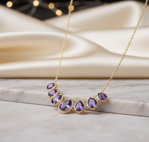 สร้อยคอพลอยแอมเมทิสต์สีน้ำเงินทรงหลากหลายประดับเพชร CZ ขนาด 16 นิ้ว น้ำหนัก 30 กรัม เงินแท้ 925 ชุบทอง 18K เหมาะสำหรับงานปาร์ตี้ งานแต่งงาน ของขวัญสำหรับเธอ - Product Image 1