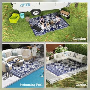 Tappeto da Esterno Reversibile Blu e Bianco con Bordo a Rombi 9FT X 12FT, Impermeabile in Paglia Plastica con Borsa per il Trasporto - Product Image 5