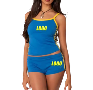 Conjuntos de Salón de Diseño Nuevo Personalizado para Mujer, Conjuntos de Pijamas de 2 Piezas sin Mangas, Tops de Tirantes y Pantalones Cortos de Punto Casuales de Verano - Product Image 1