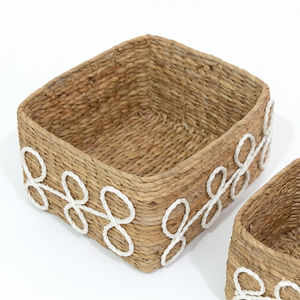 Handmade Natural Water Hyacinth Woven <b>Storage</b> <b>Basket</b> with <b>White</b> Rope Pattern Decorative Woven Rectangular Organizer High Quality - Product Image 3