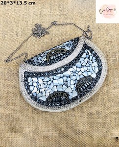 Gold & Blue Embellished Mosaic Clutch Sling Bag for Women Ethnic Party Wear <b>Purse</b> with Chain - Product Image 4