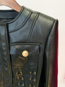 Chaqueta de Motocicleta para Mujer, Otoño/Invierno, Resistente al Viento, Tejida, de PU, Estilo Blazer, Cierre de Cremallera, Cuello con Botones, Color Sólido, Corte Regular - Product Image 4