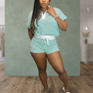 Summer Polo Collar Knee Button Pajama Set Breathable Regular-Fit Casual Sporty Short Sleeve Shorts Two-Piece Women Solid Color - Product Image 3
