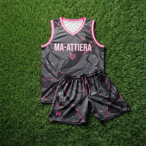 Ensemble de maillot et short de basketball pour hommes Ma-Attiera, noir et rose, respirant, 100% polyester, impression numérique, uniforme sportif d'équipe - Product Image 6